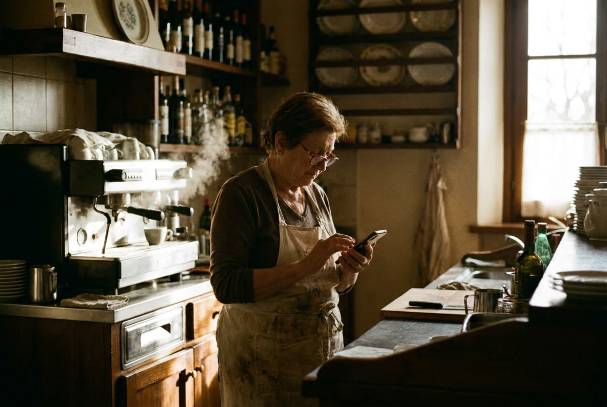 La titolare di una trattoria controlla il telefono dietro il banco, con la macchina del caffè che sbuffa accanto a lei